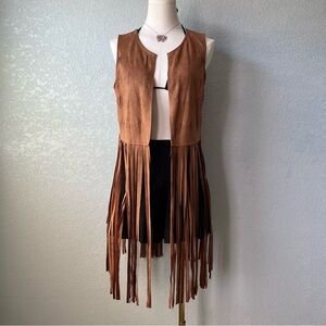 Brown Faux Suede Fringe Vest Boho Western Festival Cowgirl Lagenlook M